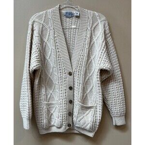 Vintage Hackett & Turpin Sweater Cardigan Size M Ireland Cable Knit Wool Ivory